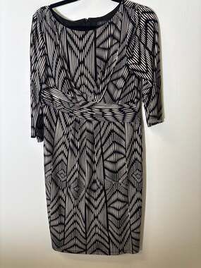 David Meister Black White Geo Print 3/4 Sleeve Knee Length Dress Sz 10